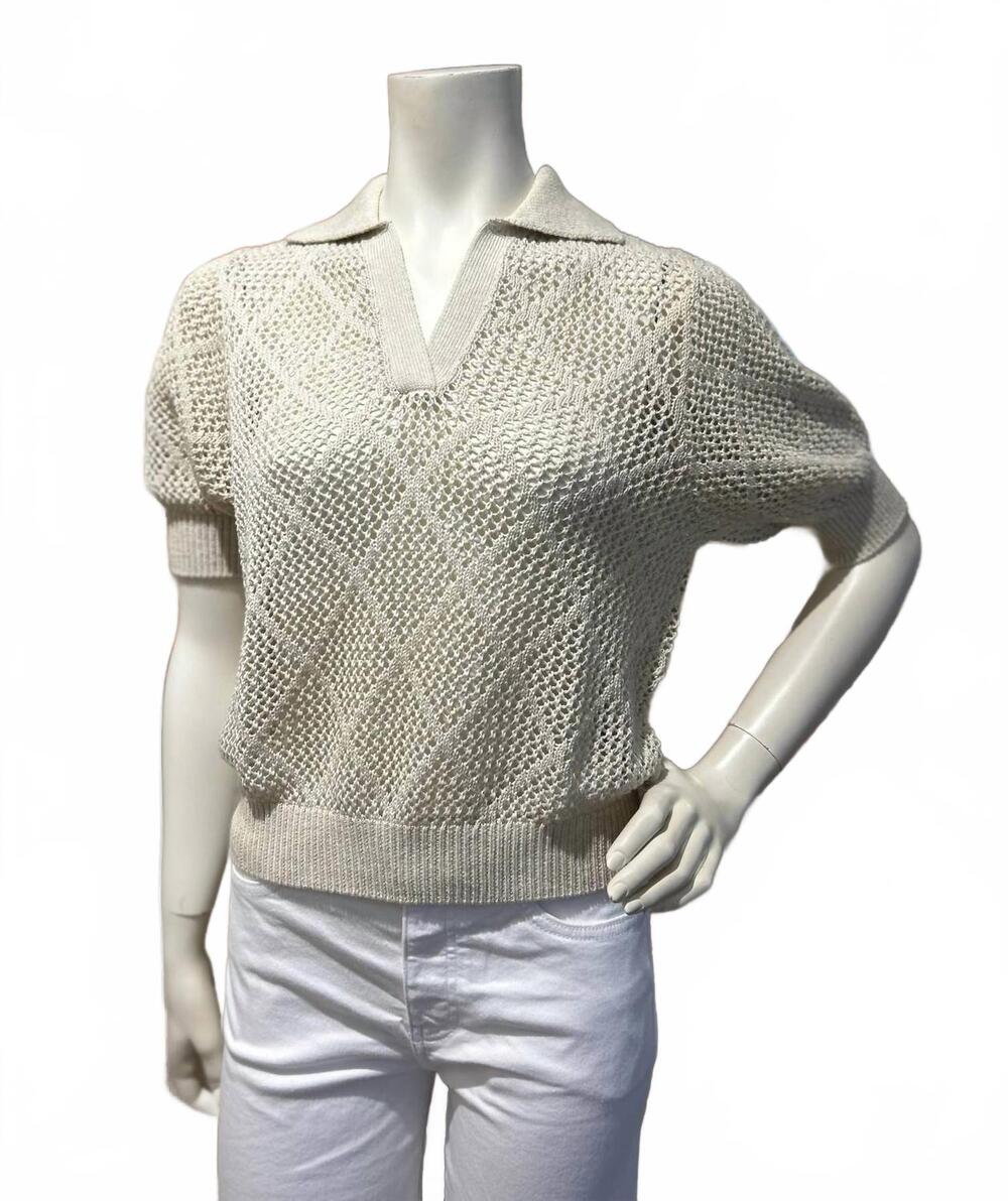 NEW AUTUMN CASHMERE women's diamond mesh johnny collar top in hemp